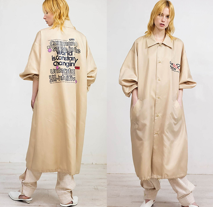 okiraku 2020 Spring Summer Womens Lookbook Presentation - Metaphor Common Sense Oversized Shirtdress Elongated Hem Coat Hoodie Sweatshirt Tied Knot Extra Panel Sleeves Check Plaid Buttoned Hem Strap Stripes Cinch Pleated Blouse Prairie Farmer Countryside Dress Handkerchief Hem Skirt Fringes Mesh Ruffles Slip Ons Pantsuit Kitten Heels