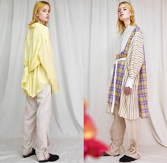 okiraku 2020 Spring Summer Womens Lookbook Presentation - Metaphor Common Sense Oversized Shirtdress Elongated Hem Coat Hoodie Sweatshirt Tied Knot Extra Panel Sleeves Check Plaid Buttoned Hem Strap Stripes Cinch Pleated Blouse Prairie Farmer Countryside Dress Handkerchief Hem Skirt Fringes Mesh Ruffles Slip Ons Pantsuit Kitten Heels