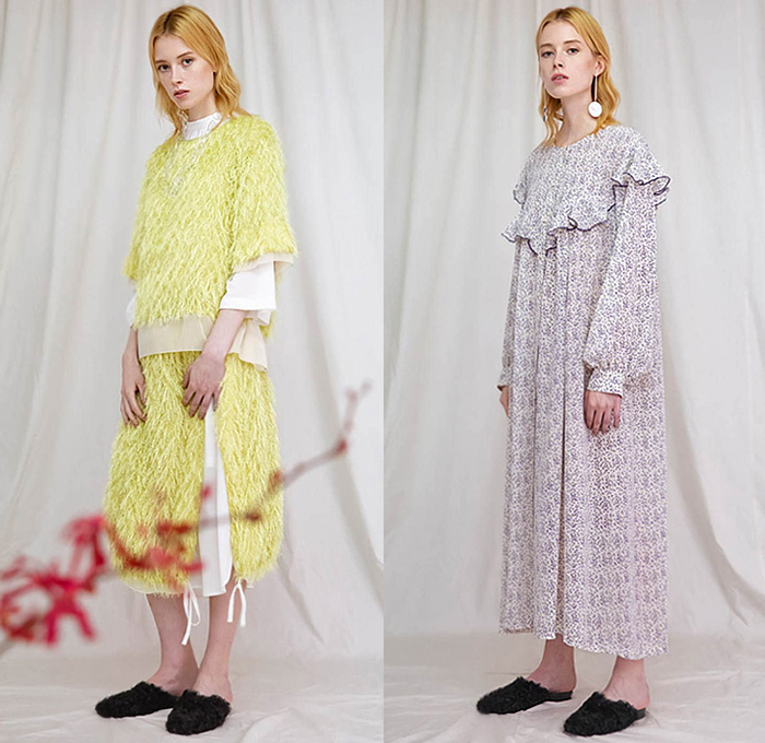 okiraku 2020 Spring Summer Womens Lookbook Presentation - Metaphor Common Sense Oversized Shirtdress Elongated Hem Coat Hoodie Sweatshirt Tied Knot Extra Panel Sleeves Check Plaid Buttoned Hem Strap Stripes Cinch Pleated Blouse Prairie Farmer Countryside Dress Handkerchief Hem Skirt Fringes Mesh Ruffles Slip Ons Pantsuit Kitten Heels