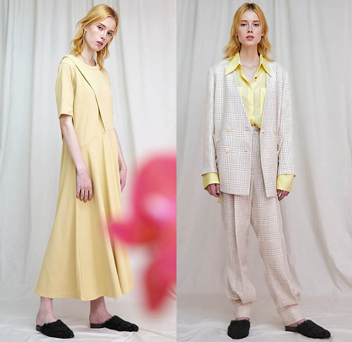 okiraku 2020 Spring Summer Womens Lookbook Presentation - Metaphor Common Sense Oversized Shirtdress Elongated Hem Coat Hoodie Sweatshirt Tied Knot Extra Panel Sleeves Check Plaid Buttoned Hem Strap Stripes Cinch Pleated Blouse Prairie Farmer Countryside Dress Handkerchief Hem Skirt Fringes Mesh Ruffles Slip Ons Pantsuit Kitten Heels