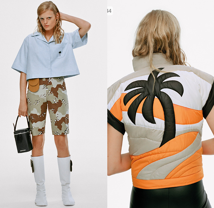 Palm Angels 2020 Spring Summer Womens Lookbook Presentation - Mode à Paris Fashion Week France - Lanyard Pocket Pouch Soccer Sporty Stripes Blazer Teddy Bear Sweater Butterflies Flowers Floral Camouflage Robe Swimwear Quilted Tied Knot Blouse Shirtdress Mesh Tie-Dye Racer Jumpsuit Onesie Wide Leg Patchwork Denim Jeans Cycling Bike Shorts Tights Boots Sandals Sneakers Lunch Box Handbag Tote Purse Backpack