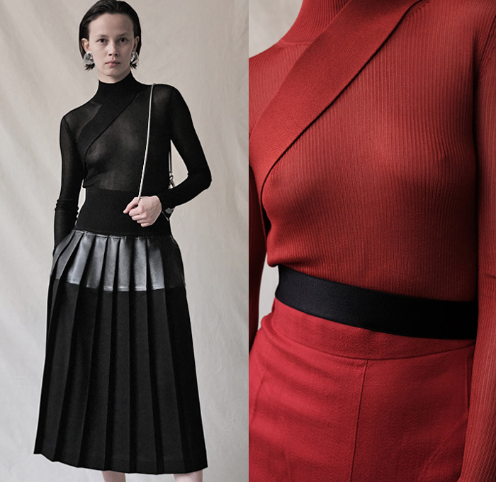 Peter Do 2020 Spring Summer Womens Lookbook Presentation - New York Fashion - Straps Belts Knit Turtleneck Sweater Accordion Pleats Dress Skirt Patchwork Split Sheer Asymmetrical Top Pantsuit Single Button Blazer Cutout Lapel Shorts Long Sleeve Blouse Fur Shearling Leather Jacket Noodle Strap Chain Necklace Lanyard Purse