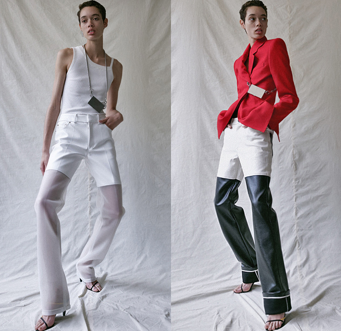 Peter Do 2020 Spring Summer Womens Lookbook Presentation - New York Fashion - Straps Belts Knit Turtleneck Sweater Accordion Pleats Dress Skirt Patchwork Split Sheer Asymmetrical Top Pantsuit Single Button Blazer Cutout Lapel Shorts Long Sleeve Blouse Fur Shearling Leather Jacket Noodle Strap Chain Necklace Lanyard Purse