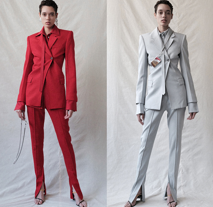 Peter Do 2020 Spring Summer Womens Lookbook Presentation - New York Fashion - Straps Belts Knit Turtleneck Sweater Accordion Pleats Dress Skirt Patchwork Split Sheer Asymmetrical Top Pantsuit Single Button Blazer Cutout Lapel Shorts Long Sleeve Blouse Fur Shearling Leather Jacket Noodle Strap Chain Necklace Lanyard Purse