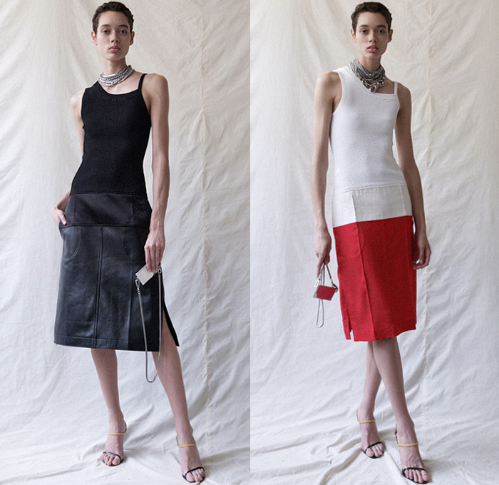 Peter Do 2020 Spring Summer Womens Lookbook Presentation - New York Fashion - Straps Belts Knit Turtleneck Sweater Accordion Pleats Dress Skirt Patchwork Split Sheer Asymmetrical Top Pantsuit Single Button Blazer Cutout Lapel Shorts Long Sleeve Blouse Fur Shearling Leather Jacket Noodle Strap Chain Necklace Lanyard Purse