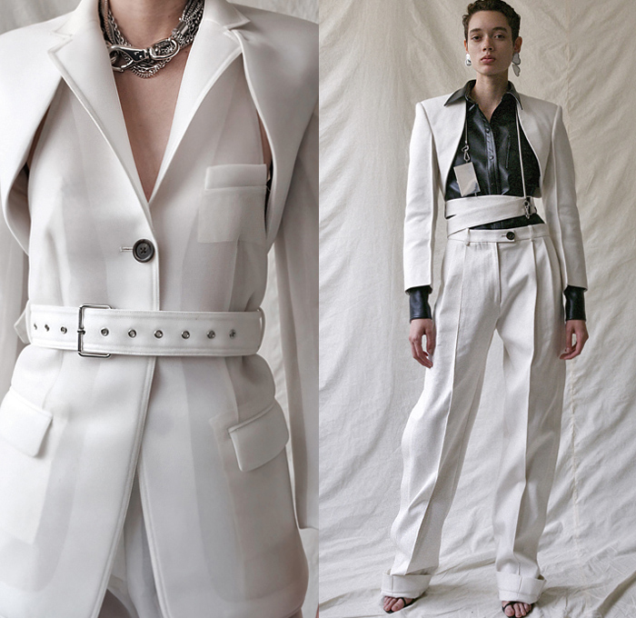 Peter Do 2020 Spring Summer Womens Lookbook Presentation - New York Fashion - Straps Belts Knit Turtleneck Sweater Accordion Pleats Dress Skirt Patchwork Split Sheer Asymmetrical Top Pantsuit Single Button Blazer Cutout Lapel Shorts Long Sleeve Blouse Fur Shearling Leather Jacket Noodle Strap Chain Necklace Lanyard Purse