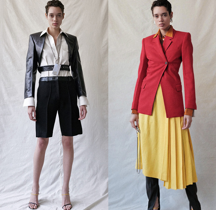 Peter Do 2020 Spring Summer Womens Lookbook Presentation - New York Fashion - Straps Belts Knit Turtleneck Sweater Accordion Pleats Dress Skirt Patchwork Split Sheer Asymmetrical Top Pantsuit Single Button Blazer Cutout Lapel Shorts Long Sleeve Blouse Fur Shearling Leather Jacket Noodle Strap Chain Necklace Lanyard Purse