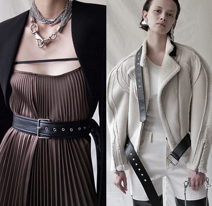 Peter Do 2020 Spring Summer Womens Lookbook Presentation - New York Fashion - Straps Belts Knit Turtleneck Sweater Accordion Pleats Dress Skirt Patchwork Split Sheer Asymmetrical Top Pantsuit Single Button Blazer Cutout Lapel Shorts Long Sleeve Blouse Fur Shearling Leather Jacket Noodle Strap Chain Necklace Lanyard Purse