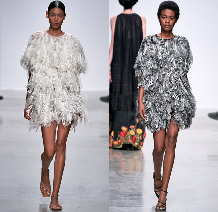 Rahul Mishra 2020 Spring Summer Womens Runway Catwalk Looks Collection - Mode à Paris Fashion Week France - 3D Trompe L'oeil Bloom Flowers Floral Embroidery Marigold Bougainvillaea Cityscape Buildings Radial Bustier Oversized Shirt Fringes Strapless Silk Trapeze Tent Maxi Dress Trench Coat Organza Sheer Tulle Georgette Ivory Geometric Squares Cubes Boxes Grid Mesh Crop Top Midriff Bralette Wide Sleeves Choker Blouse Shirtdress Shorts Blazer Skirt Wide Leg Pants Strapped Sandals