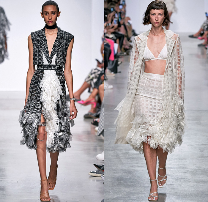 Rahul Mishra 2020 Spring Summer Womens Runway Catwalk Looks Collection - Mode à Paris Fashion Week France - 3D Trompe L'oeil Bloom Flowers Floral Embroidery Marigold Bougainvillaea Cityscape Buildings Radial Bustier Oversized Shirt Fringes Strapless Silk Trapeze Tent Maxi Dress Trench Coat Organza Sheer Tulle Georgette Ivory Geometric Squares Cubes Boxes Grid Mesh Crop Top Midriff Bralette Wide Sleeves Choker Blouse Shirtdress Shorts Blazer Skirt Wide Leg Pants Strapped Sandals