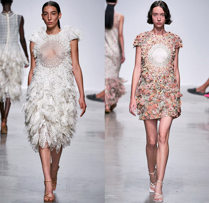 Rahul Mishra 2020 Spring Summer Womens Runway Catwalk Looks Collection - Mode à Paris Fashion Week France - 3D Trompe L'oeil Bloom Flowers Floral Embroidery Marigold Bougainvillaea Cityscape Buildings Radial Bustier Oversized Shirt Fringes Strapless Silk Trapeze Tent Maxi Dress Trench Coat Organza Sheer Tulle Georgette Ivory Geometric Squares Cubes Boxes Grid Mesh Crop Top Midriff Bralette Wide Sleeves Choker Blouse Shirtdress Shorts Blazer Skirt Wide Leg Pants Strapped Sandals