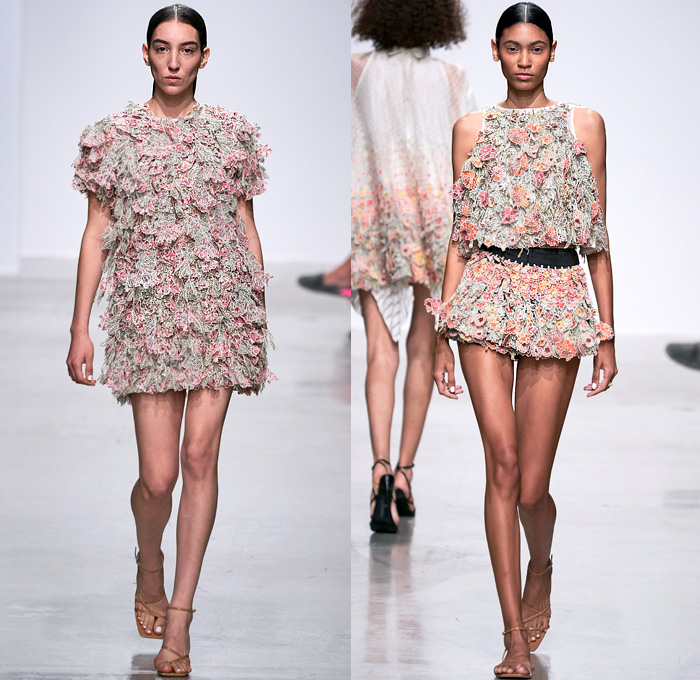Rahul Mishra 2020 Spring Summer Womens Runway Catwalk Looks Collection - Mode à Paris Fashion Week France - 3D Trompe L'oeil Bloom Flowers Floral Embroidery Marigold Bougainvillaea Cityscape Buildings Radial Bustier Oversized Shirt Fringes Strapless Silk Trapeze Tent Maxi Dress Trench Coat Organza Sheer Tulle Georgette Ivory Geometric Squares Cubes Boxes Grid Mesh Crop Top Midriff Bralette Wide Sleeves Choker Blouse Shirtdress Shorts Blazer Skirt Wide Leg Pants Strapped Sandals