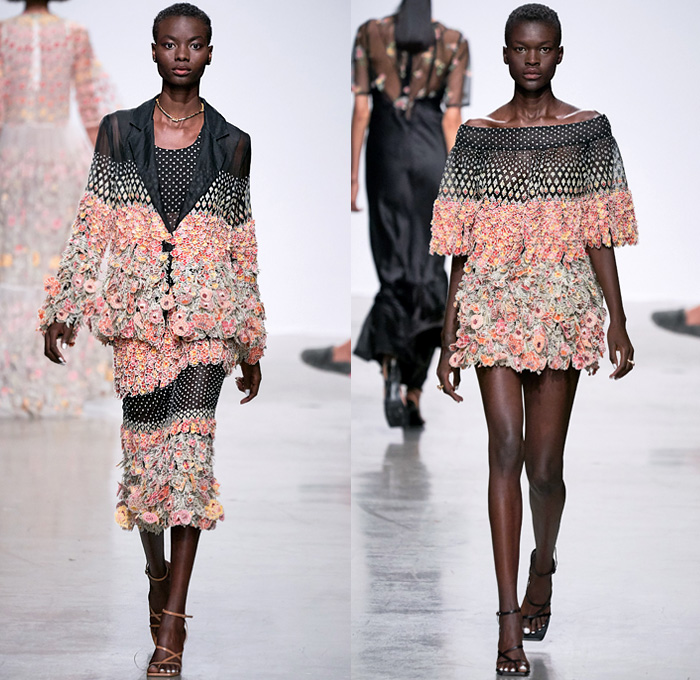 Rahul Mishra 2020 Spring Summer Womens Runway Catwalk Looks Collection - Mode à Paris Fashion Week France - 3D Trompe L'oeil Bloom Flowers Floral Embroidery Marigold Bougainvillaea Cityscape Buildings Radial Bustier Oversized Shirt Fringes Strapless Silk Trapeze Tent Maxi Dress Trench Coat Organza Sheer Tulle Georgette Ivory Geometric Squares Cubes Boxes Grid Mesh Crop Top Midriff Bralette Wide Sleeves Choker Blouse Shirtdress Shorts Blazer Skirt Wide Leg Pants Strapped Sandals