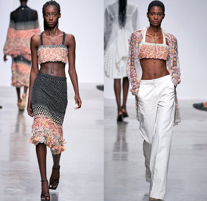 Rahul Mishra 2020 Spring Summer Womens Runway Catwalk Looks Collection - Mode à Paris Fashion Week France - 3D Trompe L'oeil Bloom Flowers Floral Embroidery Marigold Bougainvillaea Cityscape Buildings Radial Bustier Oversized Shirt Fringes Strapless Silk Trapeze Tent Maxi Dress Trench Coat Organza Sheer Tulle Georgette Ivory Geometric Squares Cubes Boxes Grid Mesh Crop Top Midriff Bralette Wide Sleeves Choker Blouse Shirtdress Shorts Blazer Skirt Wide Leg Pants Strapped Sandals