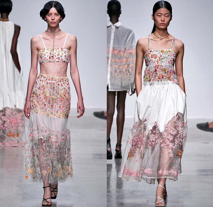 Rahul Mishra 2020 Spring Summer Womens Runway Catwalk Looks Collection - Mode à Paris Fashion Week France - 3D Trompe L'oeil Bloom Flowers Floral Embroidery Marigold Bougainvillaea Cityscape Buildings Radial Bustier Oversized Shirt Fringes Strapless Silk Trapeze Tent Maxi Dress Trench Coat Organza Sheer Tulle Georgette Ivory Geometric Squares Cubes Boxes Grid Mesh Crop Top Midriff Bralette Wide Sleeves Choker Blouse Shirtdress Shorts Blazer Skirt Wide Leg Pants Strapped Sandals