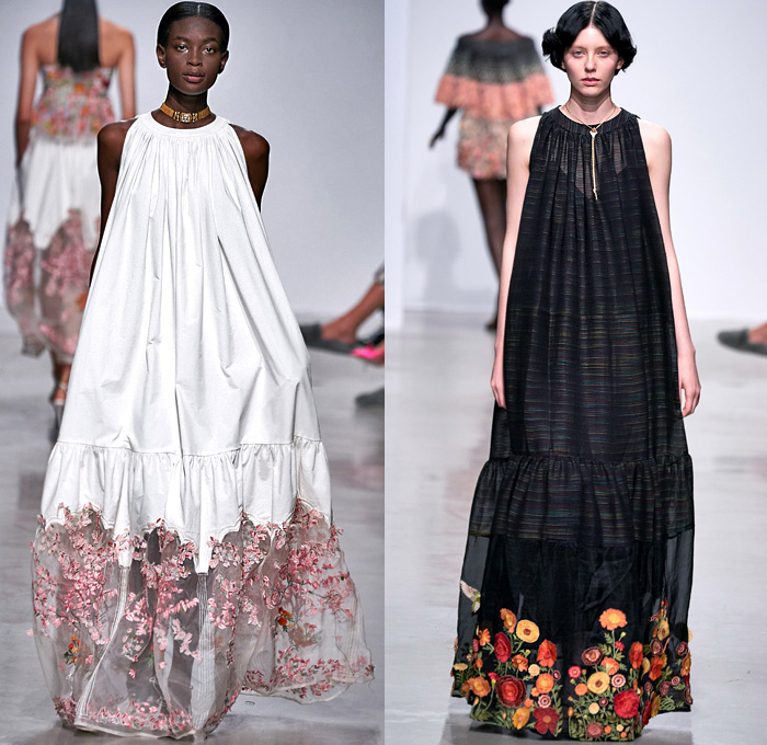 Rahul Mishra 2020 Spring Summer Womens Runway Catwalk Looks Collection - Mode à Paris Fashion Week France - 3D Trompe L'oeil Bloom Flowers Floral Embroidery Marigold Bougainvillaea Cityscape Buildings Radial Bustier Oversized Shirt Fringes Strapless Silk Trapeze Tent Maxi Dress Trench Coat Organza Sheer Tulle Georgette Ivory Geometric Squares Cubes Boxes Grid Mesh Crop Top Midriff Bralette Wide Sleeves Choker Blouse Shirtdress Shorts Blazer Skirt Wide Leg Pants Strapped Sandals