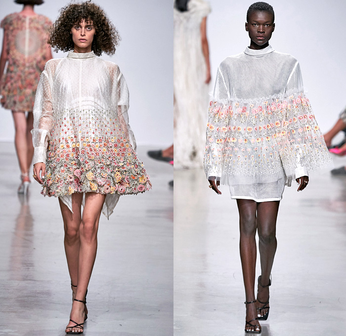 Rahul Mishra 2020 Spring Summer Womens Runway Catwalk Looks Collection - Mode à Paris Fashion Week France - 3D Trompe L'oeil Bloom Flowers Floral Embroidery Marigold Bougainvillaea Cityscape Buildings Radial Bustier Oversized Shirt Fringes Strapless Silk Trapeze Tent Maxi Dress Trench Coat Organza Sheer Tulle Georgette Ivory Geometric Squares Cubes Boxes Grid Mesh Crop Top Midriff Bralette Wide Sleeves Choker Blouse Shirtdress Shorts Blazer Skirt Wide Leg Pants Strapped Sandals