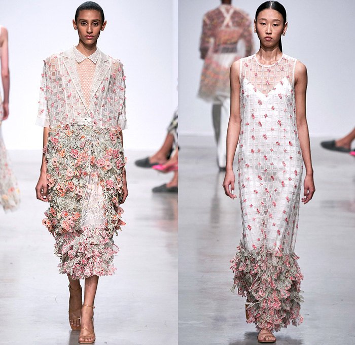 Rahul Mishra 2020 Spring Summer Womens Runway Catwalk Looks Collection - Mode à Paris Fashion Week France - 3D Trompe L'oeil Bloom Flowers Floral Embroidery Marigold Bougainvillaea Cityscape Buildings Radial Bustier Oversized Shirt Fringes Strapless Silk Trapeze Tent Maxi Dress Trench Coat Organza Sheer Tulle Georgette Ivory Geometric Squares Cubes Boxes Grid Mesh Crop Top Midriff Bralette Wide Sleeves Choker Blouse Shirtdress Shorts Blazer Skirt Wide Leg Pants Strapped Sandals