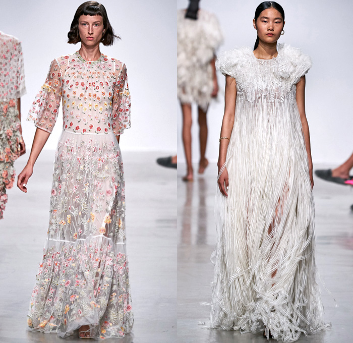 Rahul Mishra 2020 Spring Summer Womens Runway Catwalk Looks Collection - Mode à Paris Fashion Week France - 3D Trompe L'oeil Bloom Flowers Floral Embroidery Marigold Bougainvillaea Cityscape Buildings Radial Bustier Oversized Shirt Fringes Strapless Silk Trapeze Tent Maxi Dress Trench Coat Organza Sheer Tulle Georgette Ivory Geometric Squares Cubes Boxes Grid Mesh Crop Top Midriff Bralette Wide Sleeves Choker Blouse Shirtdress Shorts Blazer Skirt Wide Leg Pants Strapped Sandals