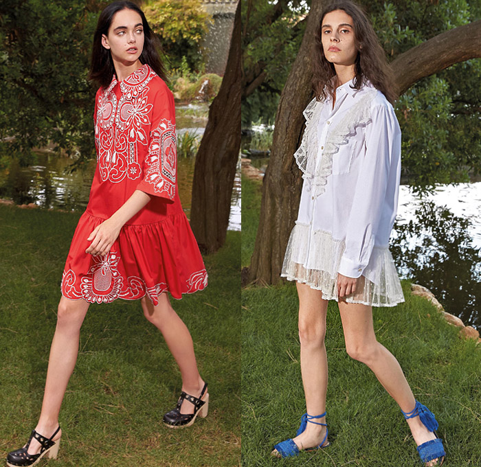 Red Valentino 2020 Spring Summer Womens Lookbook Presentation - New York Fashion Week NYFW -  Patchwork Denim Jeans Butterfly Birds Parrots Motif Frayed Ruffles Paper Bag Waist Shorts Blouse Sangallo Lace Needlework Cutwork Embroidery Decorative Art Holes Perforated Lounge Sleepwear Flowers Floral Hoodie Anorak Sheer Tulle Tutu Tiered Skirt Knit Mesh Crochet Stripes Strapless Dress Bow Ribbon Shirtdress Fringes Accordion Pleats Bedazzled Sequins Tote Bag Sandals