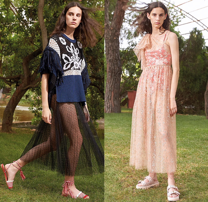 Red Valentino 2020 Spring Summer Womens Lookbook Presentation - New York Fashion Week NYFW -  Patchwork Denim Jeans Butterfly Birds Parrots Motif Frayed Ruffles Paper Bag Waist Shorts Blouse Sangallo Lace Needlework Cutwork Embroidery Decorative Art Holes Perforated Lounge Sleepwear Flowers Floral Hoodie Anorak Sheer Tulle Tutu Tiered Skirt Knit Mesh Crochet Stripes Strapless Dress Bow Ribbon Shirtdress Fringes Accordion Pleats Bedazzled Sequins Tote Bag Sandals