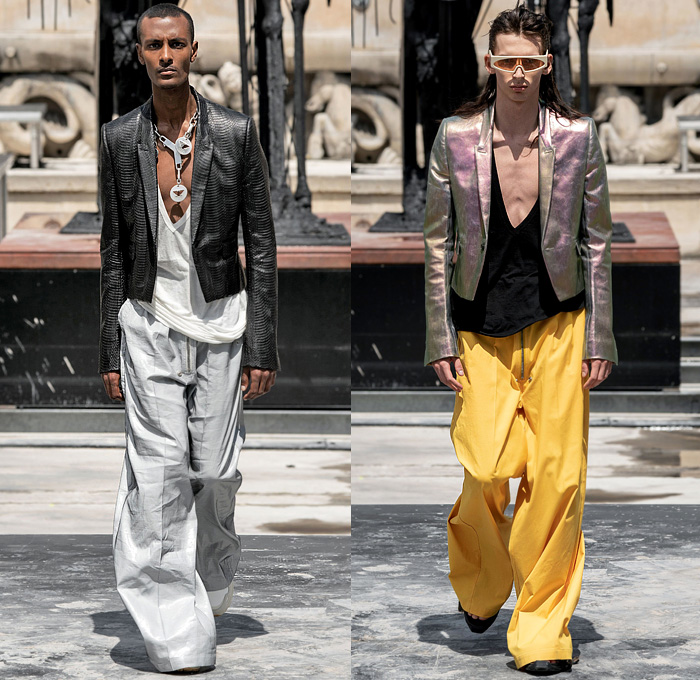 Rick Owens 2020 Spring Summer Mens Runway Looks Collection Paris Fashion Week Homme France FHCM - Tecuatl Chain Hooks Leather Snakeskin Metallic V-Neck Coat Hoodie Parka Robe Big Zipper Cargo Pockets Laces Shoelaces Bedazzled Sequins Embroidery Boxy Shoulders Blazer Yellow Gold Long Sleeve Shirt Patchwork Denim Jeans Crotch Strap Onesie Jumpsuit Coveralls Boiler Suit Wide Leg Motorcycle Biker Pants Elongated Hem Shorts Platform Boots Trainers Sunglasses