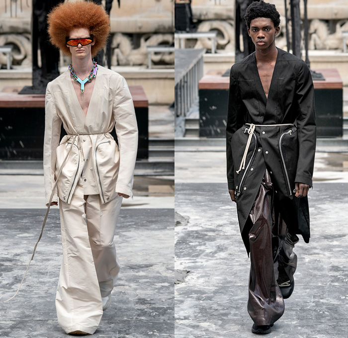 Rick Owens 2020 Spring Summer Mens Runway Looks Collection Paris Fashion Week Homme France FHCM - Tecuatl Chain Hooks Leather Snakeskin Metallic V-Neck Coat Hoodie Parka Robe Big Zipper Cargo Pockets Laces Shoelaces Bedazzled Sequins Embroidery Boxy Shoulders Blazer Yellow Gold Long Sleeve Shirt Patchwork Denim Jeans Crotch Strap Onesie Jumpsuit Coveralls Boiler Suit Wide Leg Motorcycle Biker Pants Elongated Hem Shorts Platform Boots Trainers Sunglasses