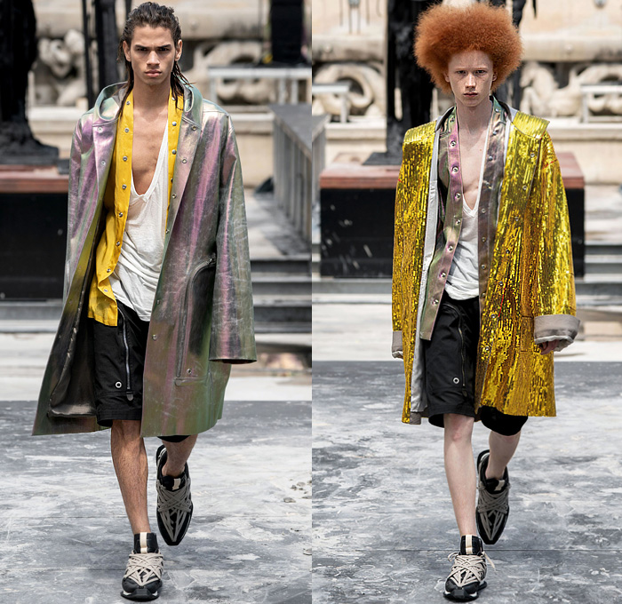 Rick Owens 2020 Spring Summer Mens Runway Looks Collection Paris Fashion Week Homme France FHCM - Tecuatl Chain Hooks Leather Snakeskin Metallic V-Neck Coat Hoodie Parka Robe Big Zipper Cargo Pockets Laces Shoelaces Bedazzled Sequins Embroidery Boxy Shoulders Blazer Yellow Gold Long Sleeve Shirt Patchwork Denim Jeans Crotch Strap Onesie Jumpsuit Coveralls Boiler Suit Wide Leg Motorcycle Biker Pants Elongated Hem Shorts Platform Boots Trainers Sunglasses