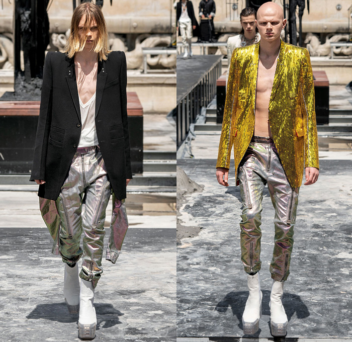 Rick Owens 2020 Spring Summer Mens Runway Looks Collection Paris Fashion Week Homme France FHCM - Tecuatl Chain Hooks Leather Snakeskin Metallic V-Neck Coat Hoodie Parka Robe Big Zipper Cargo Pockets Laces Shoelaces Bedazzled Sequins Embroidery Boxy Shoulders Blazer Yellow Gold Long Sleeve Shirt Patchwork Denim Jeans Crotch Strap Onesie Jumpsuit Coveralls Boiler Suit Wide Leg Motorcycle Biker Pants Elongated Hem Shorts Platform Boots Trainers Sunglasses