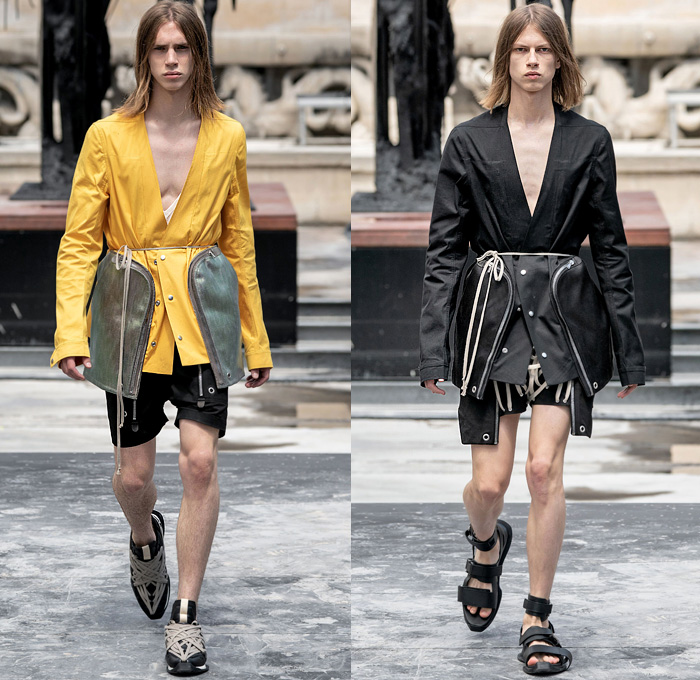 Rick Owens 2020 Spring Summer Mens Runway Looks Collection Paris Fashion Week Homme France FHCM - Tecuatl Chain Hooks Leather Snakeskin Metallic V-Neck Coat Hoodie Parka Robe Big Zipper Cargo Pockets Laces Shoelaces Bedazzled Sequins Embroidery Boxy Shoulders Blazer Yellow Gold Long Sleeve Shirt Patchwork Denim Jeans Crotch Strap Onesie Jumpsuit Coveralls Boiler Suit Wide Leg Motorcycle Biker Pants Elongated Hem Shorts Platform Boots Trainers Sunglasses