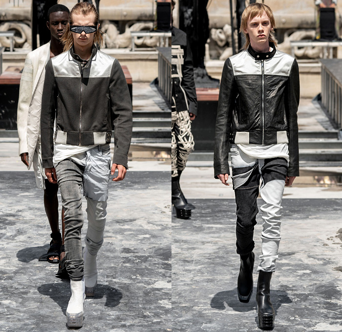 Rick Owens 2020 Spring Summer Mens Runway Looks Collection Paris Fashion Week Homme France FHCM - Tecuatl Chain Hooks Leather Snakeskin Metallic V-Neck Coat Hoodie Parka Robe Big Zipper Cargo Pockets Laces Shoelaces Bedazzled Sequins Embroidery Boxy Shoulders Blazer Yellow Gold Long Sleeve Shirt Patchwork Denim Jeans Crotch Strap Onesie Jumpsuit Coveralls Boiler Suit Wide Leg Motorcycle Biker Pants Elongated Hem Shorts Platform Boots Trainers Sunglasses