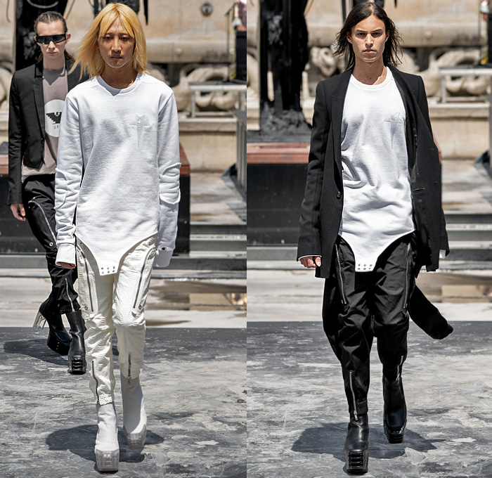 Rick Owens 2020 Spring Summer Mens Runway Looks Collection Paris Fashion Week Homme France FHCM - Tecuatl Chain Hooks Leather Snakeskin Metallic V-Neck Coat Hoodie Parka Robe Big Zipper Cargo Pockets Laces Shoelaces Bedazzled Sequins Embroidery Boxy Shoulders Blazer Yellow Gold Long Sleeve Shirt Patchwork Denim Jeans Crotch Strap Onesie Jumpsuit Coveralls Boiler Suit Wide Leg Motorcycle Biker Pants Elongated Hem Shorts Platform Boots Trainers Sunglasses