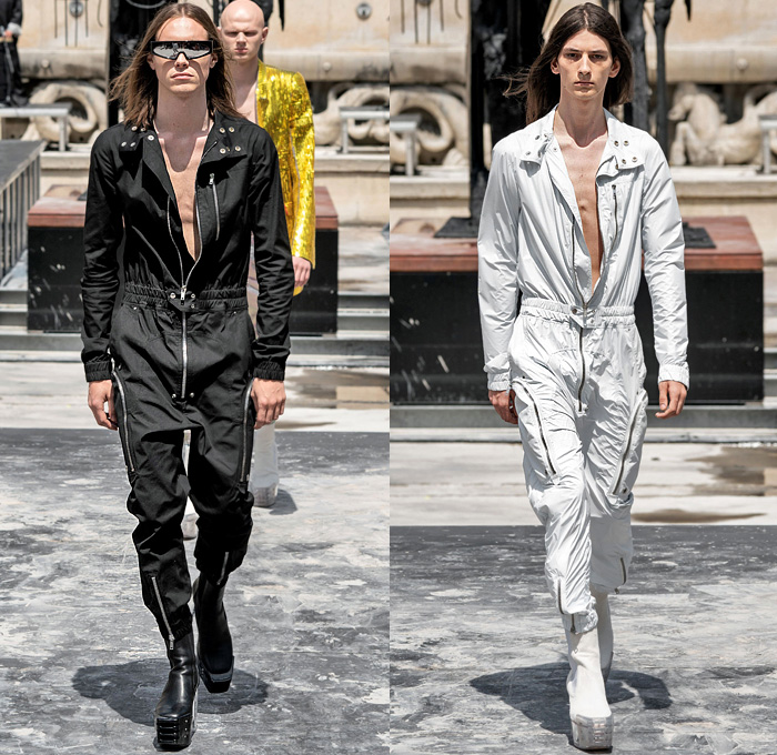 Rick Owens 2020 Spring Summer Mens Runway Looks Collection Paris Fashion Week Homme France FHCM - Tecuatl Chain Hooks Leather Snakeskin Metallic V-Neck Coat Hoodie Parka Robe Big Zipper Cargo Pockets Laces Shoelaces Bedazzled Sequins Embroidery Boxy Shoulders Blazer Yellow Gold Long Sleeve Shirt Patchwork Denim Jeans Crotch Strap Onesie Jumpsuit Coveralls Boiler Suit Wide Leg Motorcycle Biker Pants Elongated Hem Shorts Platform Boots Trainers Sunglasses