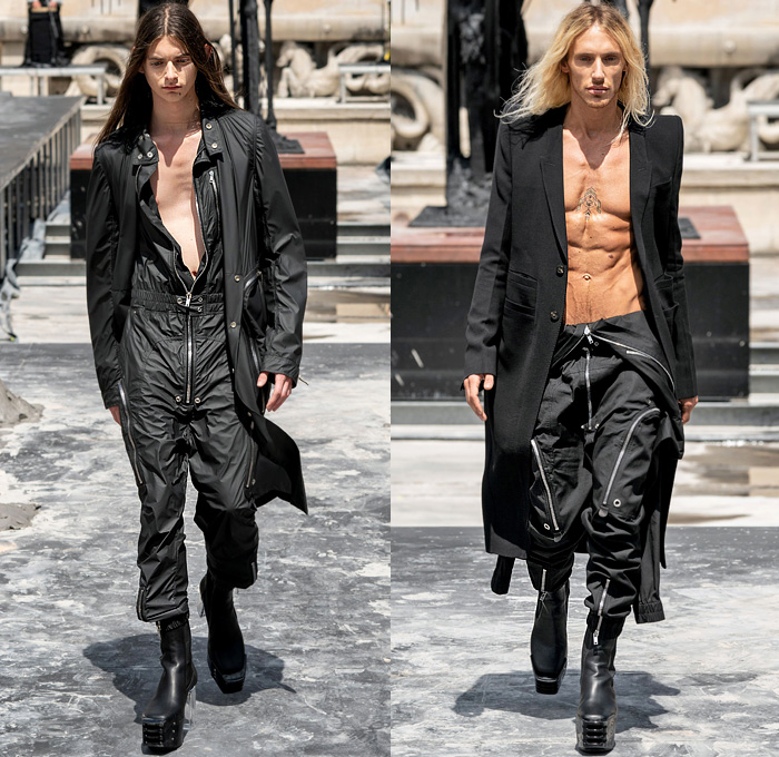 Rick Owens 2020 Spring Summer Mens Runway Looks Collection Paris Fashion Week Homme France FHCM - Tecuatl Chain Hooks Leather Snakeskin Metallic V-Neck Coat Hoodie Parka Robe Big Zipper Cargo Pockets Laces Shoelaces Bedazzled Sequins Embroidery Boxy Shoulders Blazer Yellow Gold Long Sleeve Shirt Patchwork Denim Jeans Crotch Strap Onesie Jumpsuit Coveralls Boiler Suit Wide Leg Motorcycle Biker Pants Elongated Hem Shorts Platform Boots Trainers Sunglasses