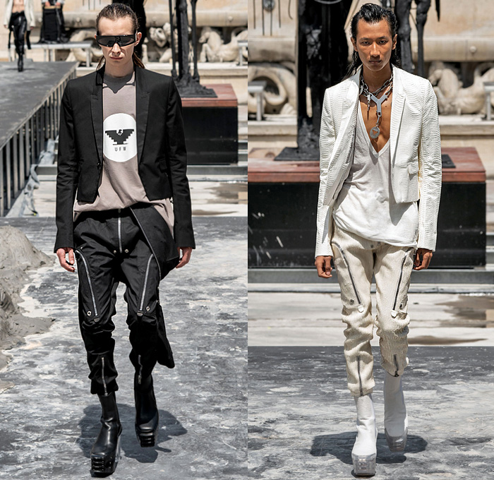 Rick Owens 2020 Spring Summer Mens Runway Looks Collection Paris Fashion Week Homme France FHCM - Tecuatl Chain Hooks Leather Snakeskin Metallic V-Neck Coat Hoodie Parka Robe Big Zipper Cargo Pockets Laces Shoelaces Bedazzled Sequins Embroidery Boxy Shoulders Blazer Yellow Gold Long Sleeve Shirt Patchwork Denim Jeans Crotch Strap Onesie Jumpsuit Coveralls Boiler Suit Wide Leg Motorcycle Biker Pants Elongated Hem Shorts Platform Boots Trainers Sunglasses