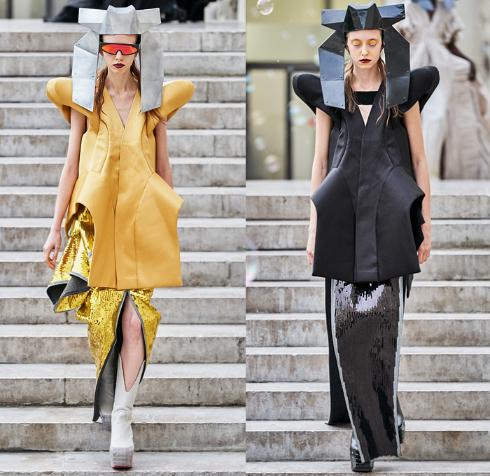 Rick Owens 2020 Spring Summer Womens Runway Catwalk Looks Collection - Mode à Paris Fashion Week France - Tecuatl Aztec Priestess Mexican Immigrant Mother Egyptian Headwear Sunglasses Sculptured Bloated Shoulders Dress Tabard Crop Top Jacket Coat Robe Bedazzled Sequins Embroidery High Slit Knobs Shoelace Lace Up Waist Pouch Bum Bag Stripes Chain Lighter Necklace Cinch Pleats Ruffles Cutout Waist Gown Platform Boots