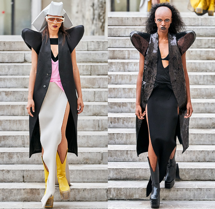 Rick Owens 2020 Spring Summer Womens Runway Catwalk Looks Collection - Mode à Paris Fashion Week France - Tecuatl Aztec Priestess Mexican Immigrant Mother Egyptian Headwear Sunglasses Sculptured Bloated Shoulders Dress Tabard Crop Top Jacket Coat Robe Bedazzled Sequins Embroidery High Slit Knobs Shoelace Lace Up Waist Pouch Bum Bag Stripes Chain Lighter Necklace Cinch Pleats Ruffles Cutout Waist Gown Platform Boots