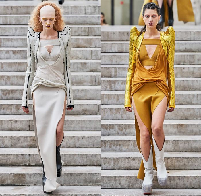 Rick Owens 2020 Spring Summer Womens Runway Catwalk Looks Collection - Mode à Paris Fashion Week France - Tecuatl Aztec Priestess Mexican Immigrant Mother Egyptian Headwear Sunglasses Sculptured Bloated Shoulders Dress Tabard Crop Top Jacket Coat Robe Bedazzled Sequins Embroidery High Slit Knobs Shoelace Lace Up Waist Pouch Bum Bag Stripes Chain Lighter Necklace Cinch Pleats Ruffles Cutout Waist Gown Platform Boots