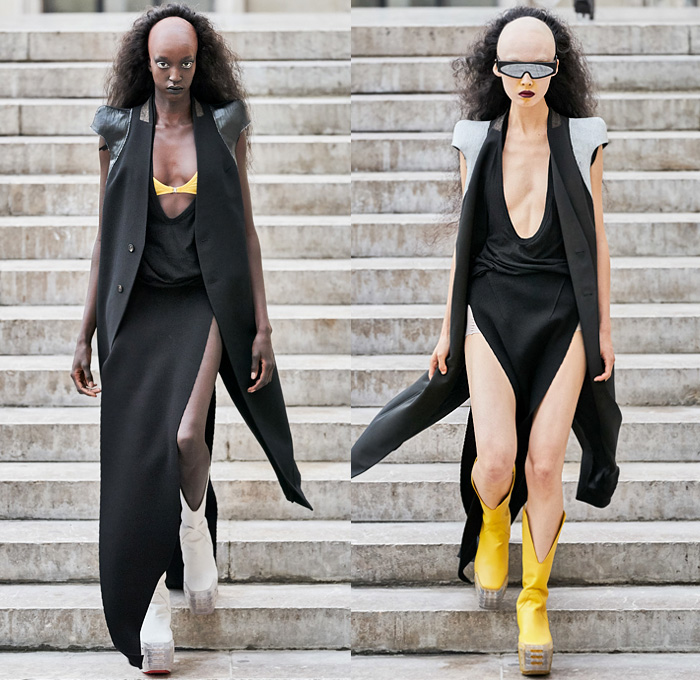 Rick Owens 2020 Spring Summer Womens Runway Catwalk Looks Collection - Mode à Paris Fashion Week France - Tecuatl Aztec Priestess Mexican Immigrant Mother Egyptian Headwear Sunglasses Sculptured Bloated Shoulders Dress Tabard Crop Top Jacket Coat Robe Bedazzled Sequins Embroidery High Slit Knobs Shoelace Lace Up Waist Pouch Bum Bag Stripes Chain Lighter Necklace Cinch Pleats Ruffles Cutout Waist Gown Platform Boots