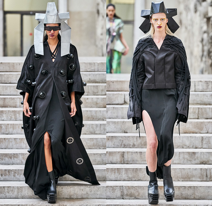 Rick Owens 2020 Spring Summer Womens Runway Catwalk Looks Collection - Mode à Paris Fashion Week France - Tecuatl Aztec Priestess Mexican Immigrant Mother Egyptian Headwear Sunglasses Sculptured Bloated Shoulders Dress Tabard Crop Top Jacket Coat Robe Bedazzled Sequins Embroidery High Slit Knobs Shoelace Lace Up Waist Pouch Bum Bag Stripes Chain Lighter Necklace Cinch Pleats Ruffles Cutout Waist Gown Platform Boots