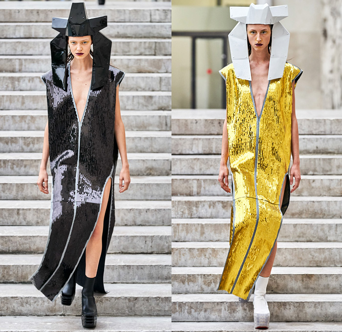 Rick Owens 2020 Spring Summer Womens Runway Catwalk Looks Collection - Mode à Paris Fashion Week France - Tecuatl Aztec Priestess Mexican Immigrant Mother Egyptian Headwear Sunglasses Sculptured Bloated Shoulders Dress Tabard Crop Top Jacket Coat Robe Bedazzled Sequins Embroidery High Slit Knobs Shoelace Lace Up Waist Pouch Bum Bag Stripes Chain Lighter Necklace Cinch Pleats Ruffles Cutout Waist Gown Platform Boots