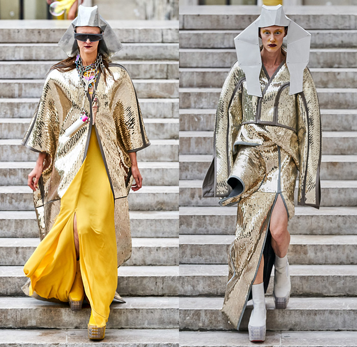 Rick Owens 2020 Spring Summer Womens Runway Catwalk Looks Collection - Mode à Paris Fashion Week France - Tecuatl Aztec Priestess Mexican Immigrant Mother Egyptian Headwear Sunglasses Sculptured Bloated Shoulders Dress Tabard Crop Top Jacket Coat Robe Bedazzled Sequins Embroidery High Slit Knobs Shoelace Lace Up Waist Pouch Bum Bag Stripes Chain Lighter Necklace Cinch Pleats Ruffles Cutout Waist Gown Platform Boots