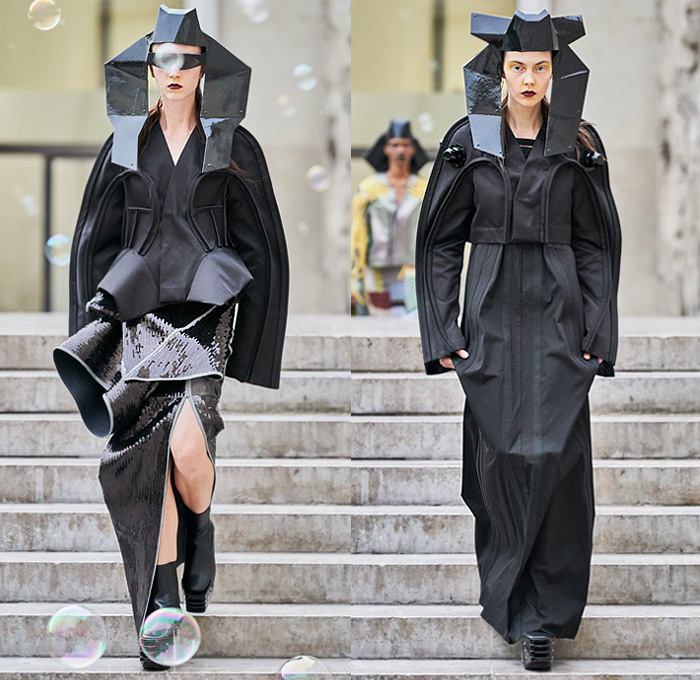 Rick Owens 2020 Spring Summer Womens Runway Catwalk Looks Collection - Mode à Paris Fashion Week France - Tecuatl Aztec Priestess Mexican Immigrant Mother Egyptian Headwear Sunglasses Sculptured Bloated Shoulders Dress Tabard Crop Top Jacket Coat Robe Bedazzled Sequins Embroidery High Slit Knobs Shoelace Lace Up Waist Pouch Bum Bag Stripes Chain Lighter Necklace Cinch Pleats Ruffles Cutout Waist Gown Platform Boots