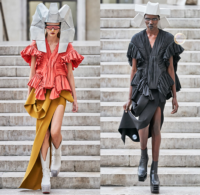 Rick Owens 2020 Spring Summer Womens Runway Catwalk Looks Collection - Mode à Paris Fashion Week France - Tecuatl Aztec Priestess Mexican Immigrant Mother Egyptian Headwear Sunglasses Sculptured Bloated Shoulders Dress Tabard Crop Top Jacket Coat Robe Bedazzled Sequins Embroidery High Slit Knobs Shoelace Lace Up Waist Pouch Bum Bag Stripes Chain Lighter Necklace Cinch Pleats Ruffles Cutout Waist Gown Platform Boots