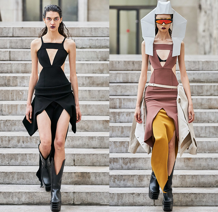 Rick Owens 2020 Spring Summer Womens Runway Catwalk Looks Collection - Mode à Paris Fashion Week France - Tecuatl Aztec Priestess Mexican Immigrant Mother Egyptian Headwear Sunglasses Sculptured Bloated Shoulders Dress Tabard Crop Top Jacket Coat Robe Bedazzled Sequins Embroidery High Slit Knobs Shoelace Lace Up Waist Pouch Bum Bag Stripes Chain Lighter Necklace Cinch Pleats Ruffles Cutout Waist Gown Platform Boots