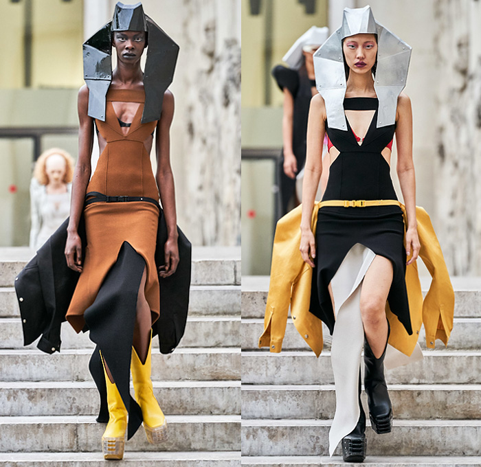 Rick Owens 2020 Spring Summer Womens Runway Catwalk Looks Collection - Mode à Paris Fashion Week France - Tecuatl Aztec Priestess Mexican Immigrant Mother Egyptian Headwear Sunglasses Sculptured Bloated Shoulders Dress Tabard Crop Top Jacket Coat Robe Bedazzled Sequins Embroidery High Slit Knobs Shoelace Lace Up Waist Pouch Bum Bag Stripes Chain Lighter Necklace Cinch Pleats Ruffles Cutout Waist Gown Platform Boots