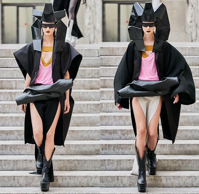 Rick Owens 2020 Spring Summer Womens Runway Catwalk Looks Collection - Mode à Paris Fashion Week France - Tecuatl Aztec Priestess Mexican Immigrant Mother Egyptian Headwear Sunglasses Sculptured Bloated Shoulders Dress Tabard Crop Top Jacket Coat Robe Bedazzled Sequins Embroidery High Slit Knobs Shoelace Lace Up Waist Pouch Bum Bag Stripes Chain Lighter Necklace Cinch Pleats Ruffles Cutout Waist Gown Platform Boots