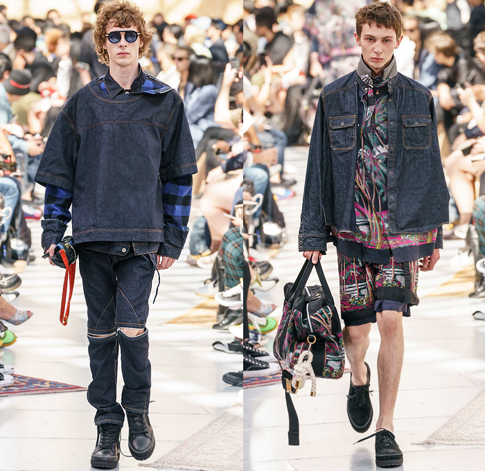 Sacai by Chitose Abe 2020 Spring Summer Mens Runway Looks Collection Paris Fashion Week Homme France FHCM - Raw Dry Selvedge Denim Jeans Deconstructed Combo Hybrid Split Tropical Palm Coconut Trees Onesie Caftan Shirtdress Romper Combishorts Knit Sweater Cardigan Plaid Check Coat Gradient Floppy Hat Suit Blazer Strap Animal Stripes Zebra Zippered Pants Shorts Duffel Bag Rope Basket Sandals Sunglasses