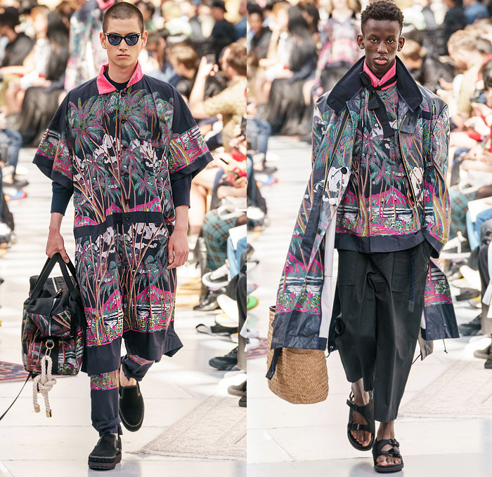 Sacai by Chitose Abe 2020 Spring Summer Mens Runway Looks Collection Paris Fashion Week Homme France FHCM - Raw Dry Selvedge Denim Jeans Deconstructed Combo Hybrid Split Tropical Palm Coconut Trees Onesie Caftan Shirtdress Romper Combishorts Knit Sweater Cardigan Plaid Check Coat Gradient Floppy Hat Suit Blazer Strap Animal Stripes Zebra Zippered Pants Shorts Duffel Bag Rope Basket Sandals Sunglasses