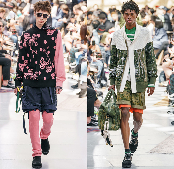 Sacai by Chitose Abe 2020 Spring Summer Mens Runway Looks Collection Paris Fashion Week Homme France FHCM - Raw Dry Selvedge Denim Jeans Deconstructed Combo Hybrid Split Tropical Palm Coconut Trees Onesie Caftan Shirtdress Romper Combishorts Knit Sweater Cardigan Plaid Check Coat Gradient Floppy Hat Suit Blazer Strap Animal Stripes Zebra Zippered Pants Shorts Duffel Bag Rope Basket Sandals Sunglasses